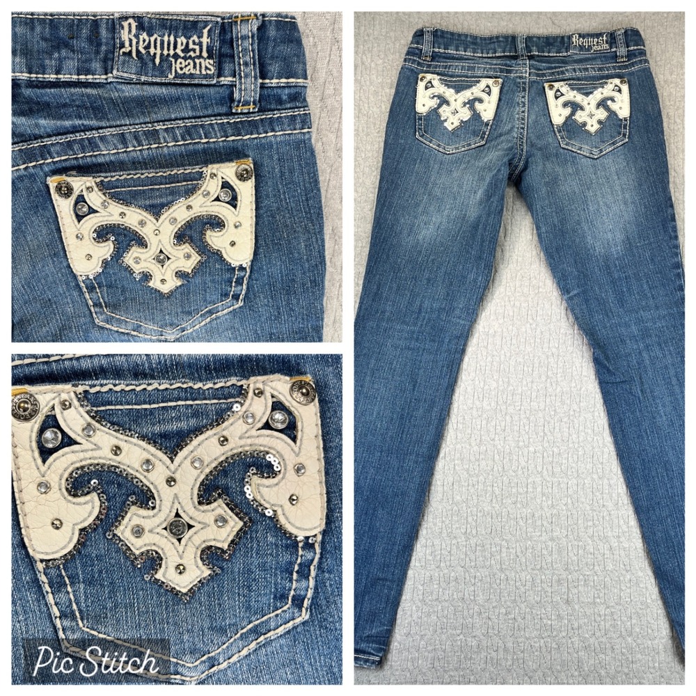 Vintage‎ 90s Y2K Request Jeans  Rhinestone Studded Women 7/28(30X31) low rise